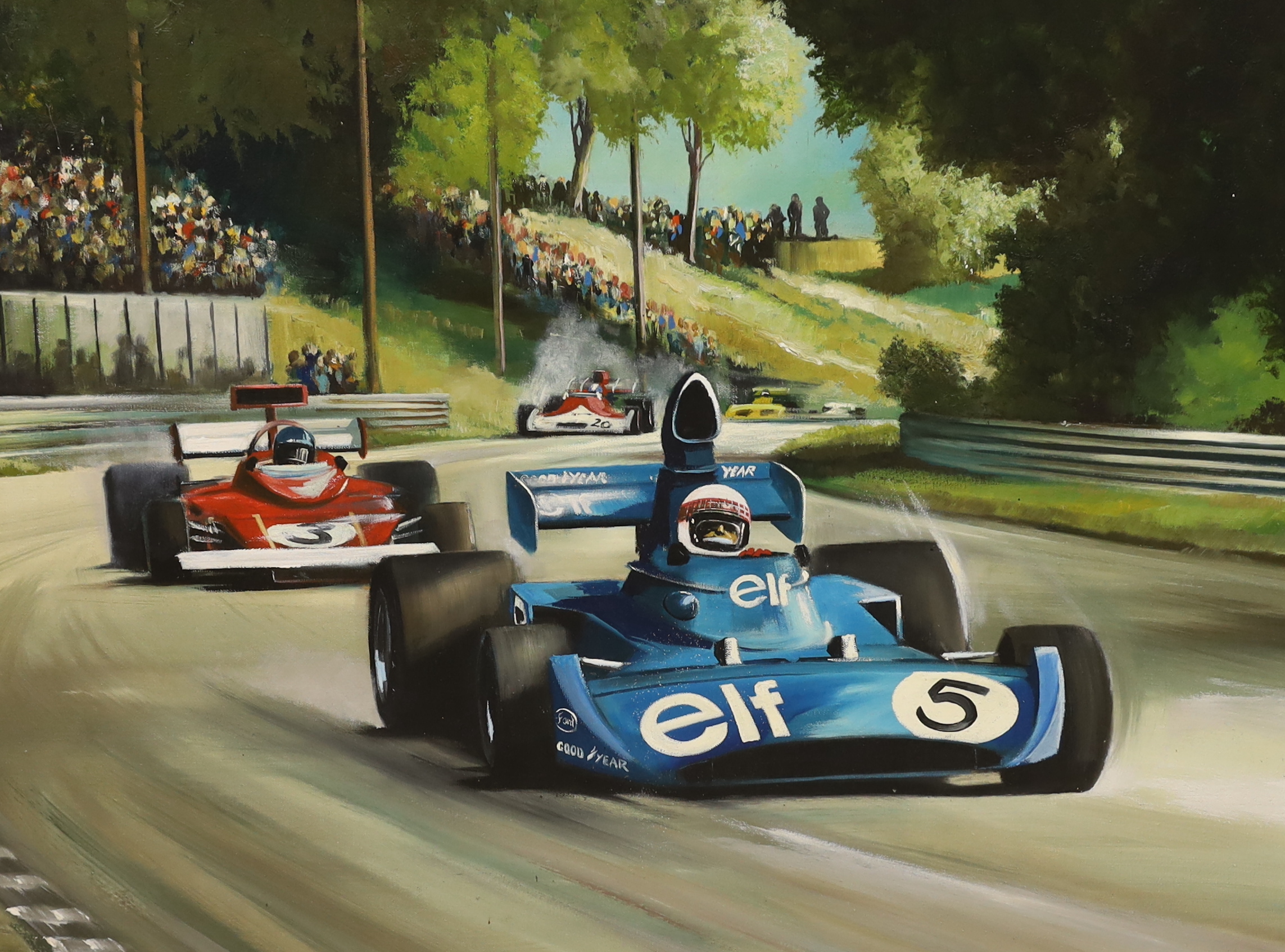 Dion Pears (1929-1985), oil on board, 'Formula 1 racing scene', signed, 69 x 90cm